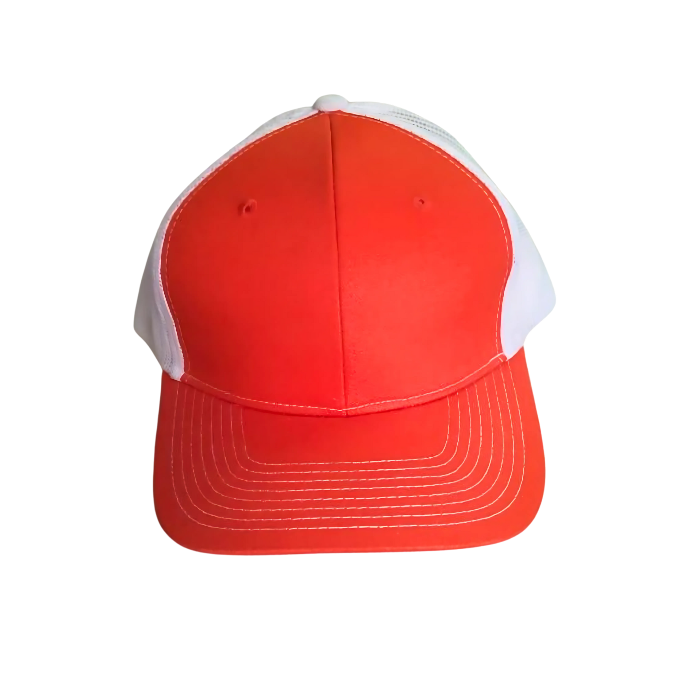 Close-up of an orange and white cap, featuring a bright orange base with contrasting white accents