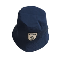 Reversible hat featuring one side in bright blue and the other in crisp white, with stylish text printed on both sides, allowing for versatile wear