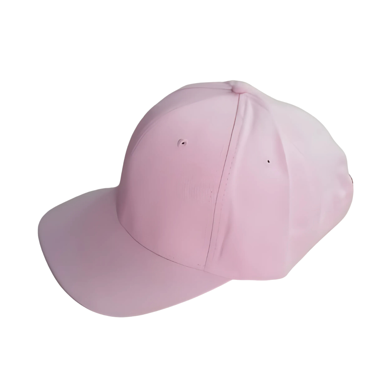 Close-up of a pink cap, featuring a soft, pastel shade with a smooth fabric finish and an adjustable strap at the back