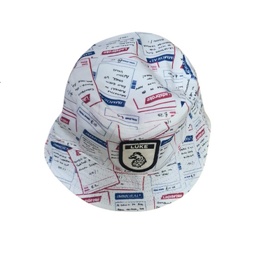 Reversible hat featuring one side in bright blue and the other in crisp white, with stylish text printed on both sides, allowing for versatile wear